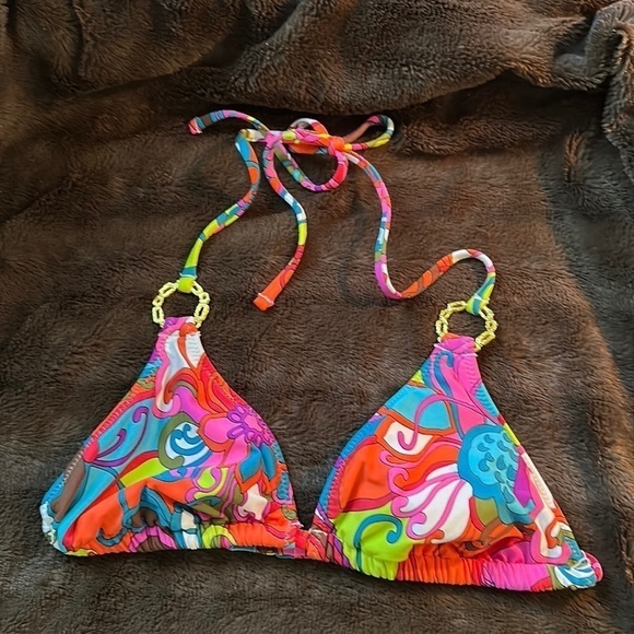 TRINA TURK Bright Floral Triangle Halter Gold Ring Bikini Top Sz Small - Picture 1 of 7